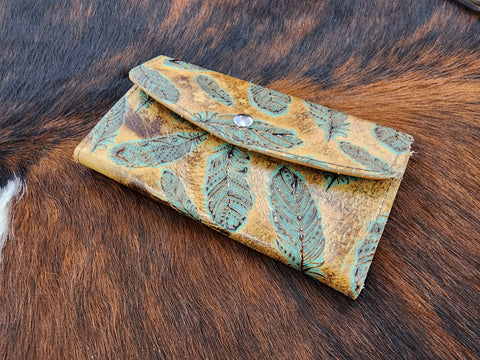 Tri Fold Wallet - Mini Turquoise Feather #07