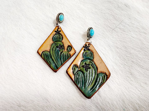 Leather Tooled Earrings - #06 Cactus