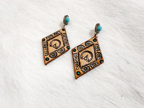 Leather Tooled Earrings - #02 horse print