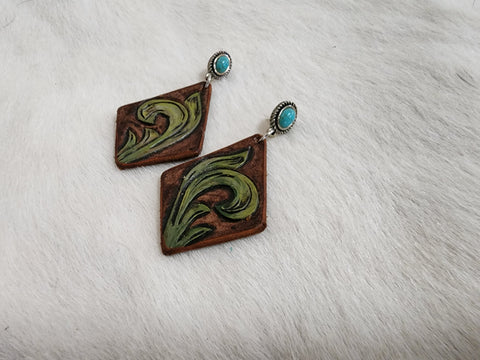 Leather Tooled Earrings - #01 Green Vines