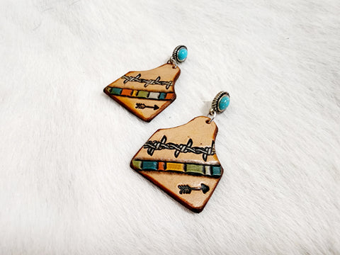 Leather Tooled Earrings - #03 Cow Tag