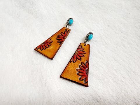 Leather Tooled Earrings - #04 Red Sunfower