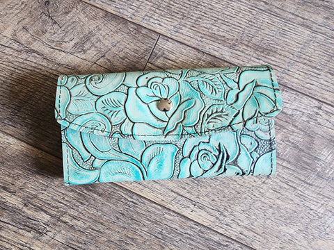 Tri Fold Wallet - Light Turquoise Rose # 13