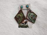 Leather Tooled Earrings - #01 Green Vines