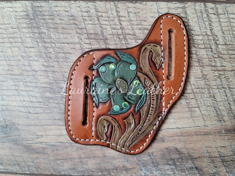 Slanted Pancake Style Pocket Knife Sheath - Turquoise Flower